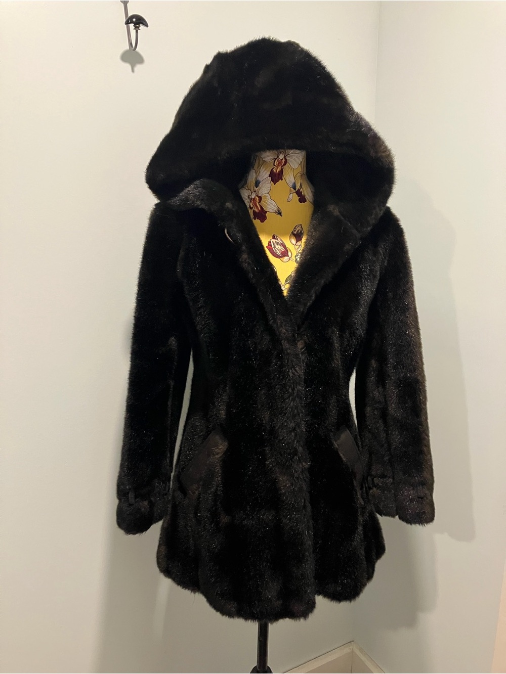 Vintage Faux Fur With Hood - Mid-Length - Black/Brown - Small - Picture 1 of 16